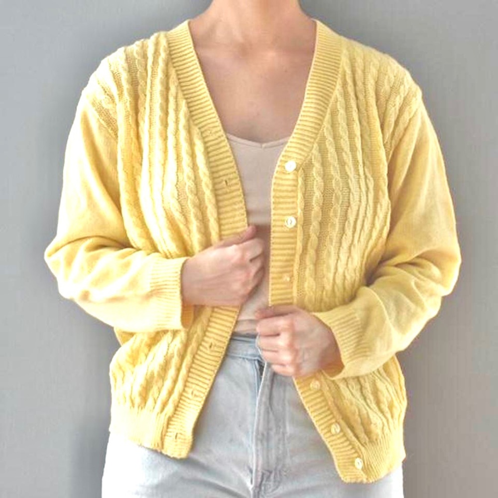 Willow Ridge Pastel Yellow Hand Knit Button Down Soft Cozy Warm Cardigan